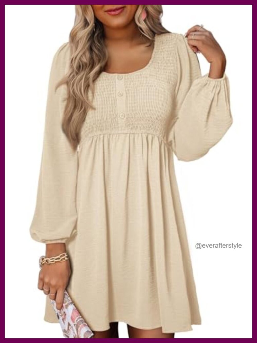 Women Long Sleeve Mini Dress Smocked Empire Waist A-Line Casual